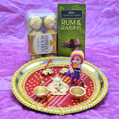 Ferrero Rocher and Rum Raisins Temptation Chocolates with Nice Looking Rakhi Puja Thali