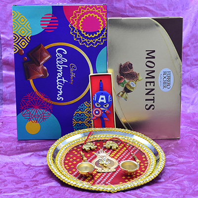 Cadbury Celebration and Ferrero Rocher Moments Chocolates with Stunning Looking Rajasthani Design Puja Thali