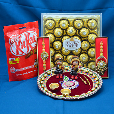Kitkat Chocolates Pack with 24 Pc Ferrero Rocher Chocolate Hamper and Maroon Rakhi Puja Thali
