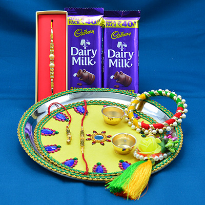 Dairy Milk Small Chocolates Combo with Impressive design Rakhi Puja Thali Hamper