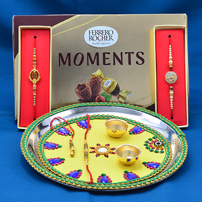Tasty Ferrero Rocher Moments with Nice Design Yellow Rakhi Puja Thali