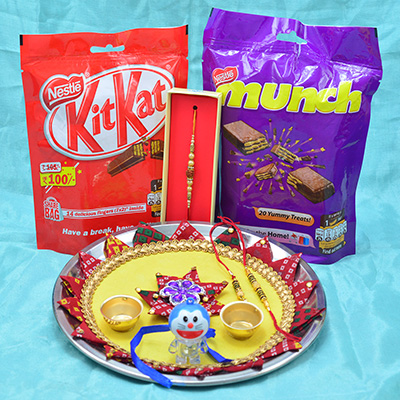 Nest Kitkat and Munch Chocolates Pack with phenomenal Rakhi Pooja Thali Hamper