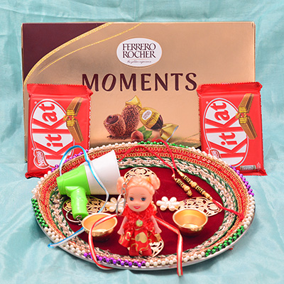 Kitkat Chocolates and Ferrero Moments Chocolates Hamper with Maroon Color Rakhi Pooja Thali