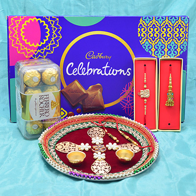Cadbury Celebration and Ferrero Rocher Pack of Chocolates with Stunning and Mind-blowing Rakhi Puja Thali