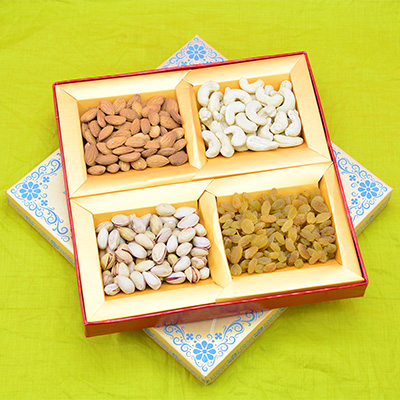 Golden Base Transparent Upper Cover Dry Fruit Box with 4 Types of Dry Fruits
