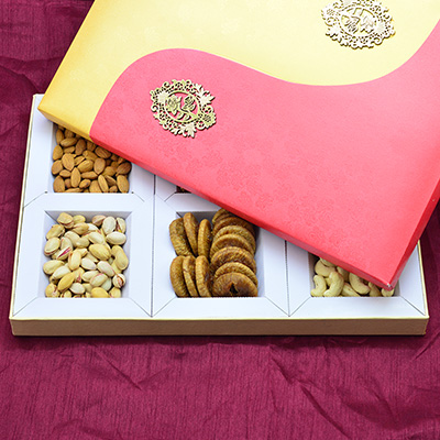 White Base Yellow and Red Color Dry Fruits Box with 6 Types of Dry Fruits