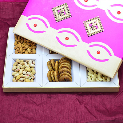 Pink Colored Designer Dry Box with 6 Types Dry Fruits