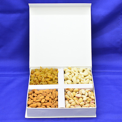 White Dry Fruit Box with Four Types of Dry Fruits Hamper