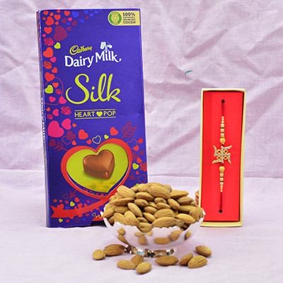 Dairy Milk Silk Heart Pop Chocolate with SwasitkaRakhi and Almonds Dry Fruits Hamper