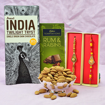 Rum Raisins Temptation with Amul Twilight Tryst Chocolate and Amazing Brother Rakhis with Dry Fruits Hampers