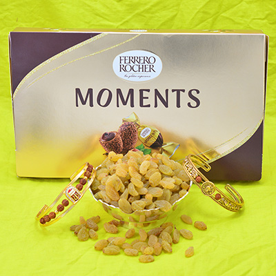 Ferrero Rocher Moments with 2 Rakhi Bracelets and Kishmish Dry Fruit