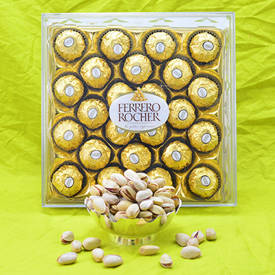24 Pc Ferrero Rocher Chocolate along with Tasty Roasted Pistachios Dry Fruit Hamper