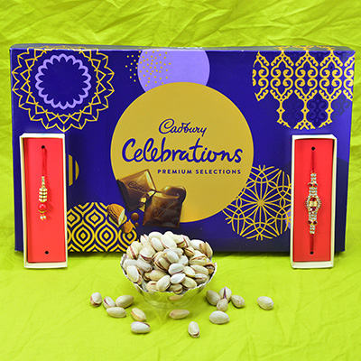 Bhaiya Bhabhi Rakhi Set with Cadbury New Edition Celebration and Branded Pista Dry Fruits 
