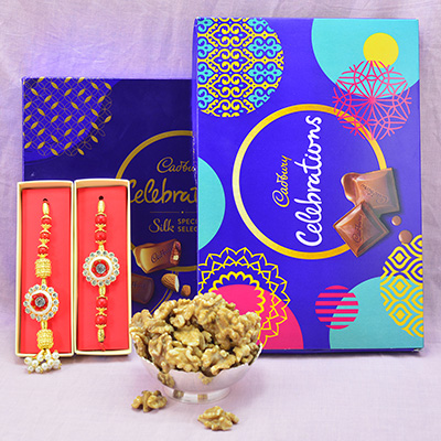 New and Previous Editions of Cadbury Celebrations with 2 Bhaiya Bhabhi Rakhis and Walnut Dry Fruits