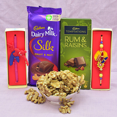Cadbury Rum Raisins and Dairy Milk Silk Fruit and Nut Chocolates Hamper with Rakhis and Akhrot Dry Fruits