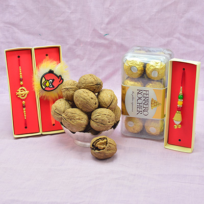 Ferrero Rocher 16 Pc Special Chocolate with Family Set Rakhis and Walnut Dry Fruit in Shells
