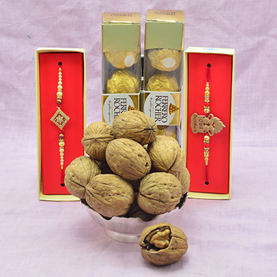 Ferrero Rocher 4 Pc 2 Packs and 2 Brother Rakhis with Tasty Healthy Dry Fruit Walnut