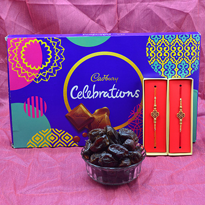 Cadbury Celebration with 2 Auspicious Rakhis and Pind Khajoor Dry Fruits