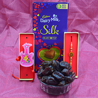 Cadbury Dairy Milk Silk Heart Pop with 1 Brother and Kid Rakhi and Pind Khajoor Dry Fruit