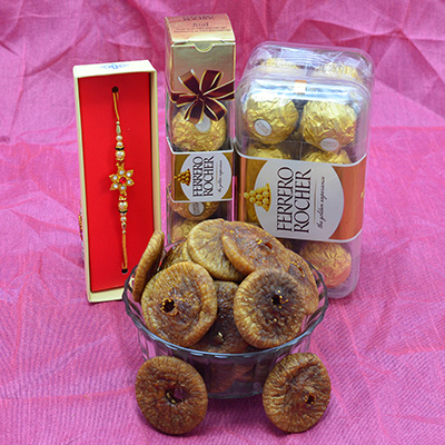 Favorite Ferrero Rocher Chocolates with Flower Shape Brother Rakhi and Anjeer Dry Fruit