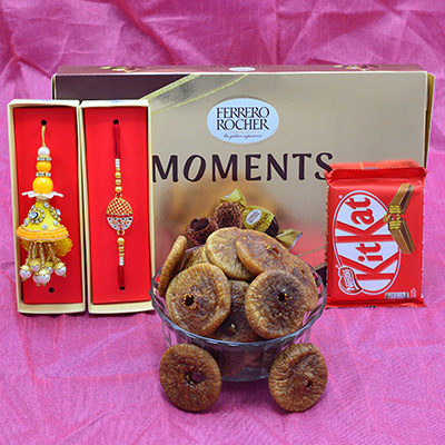 Small Kitkat and Ferrero Rocher Moments with Pair of Bhaiya Bhabhi Rakhis and Anjeer Dry Fruit