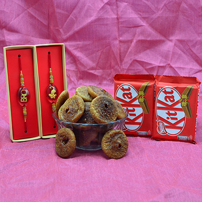 2 Nestle Kitkat Chocolate with 2 Amazing Looking Brother Rakhis and Anjeer Dry Fruit Hamper