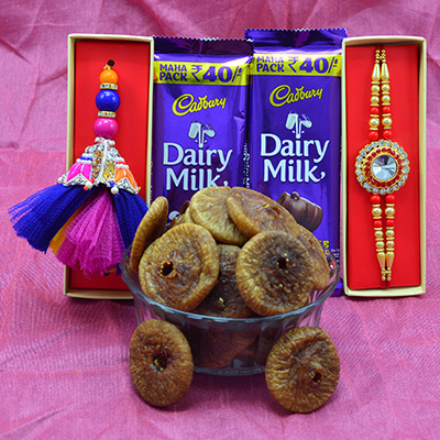 Dairy Milk Pair of Small Chocolates with Elegant Looking Jewel and Beads Bhaiya Bhabhi Rakhi Pair with Anjeer Dry Fruit