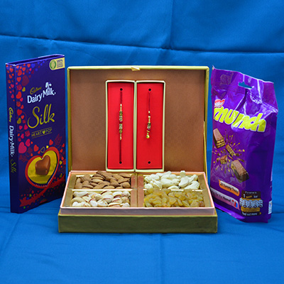 Thread Bhaiya Bhabhi Rakhi Set with 4 Types Dry Fruits and Delicious Chocolates