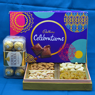 4 Types of Different Dry Fruits with Ferrero Rocher 16 Pc Chocolate and Cadbury Celebration Chocolate Hamper