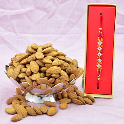 Almonds or Badam Healthy Dry Fruit with Single Diamond Studded Brother Rakhi