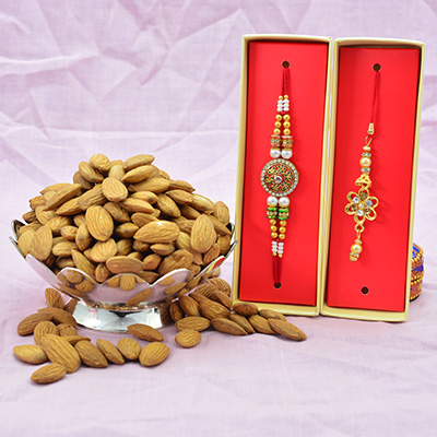 Bhaiya and Bhabhi Rakhi Set with Delicious Almonds Dry Fruits
