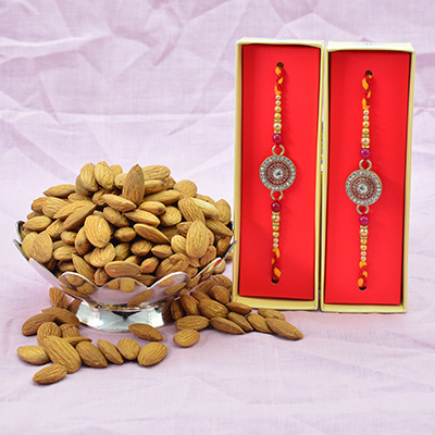 Two Same Type Pearl Rakhis for Brother with Almonds Dry Fruits