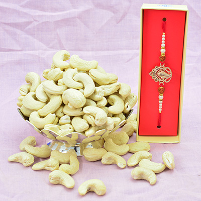 Ganesha Divine Golden Looking Rakhi with Delicious and Health Kaju or Cashew Dry Fruits