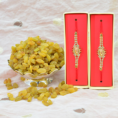 Dry Fruits and Rakhis for 2 Brothers along with Raisins Dry Fruits
