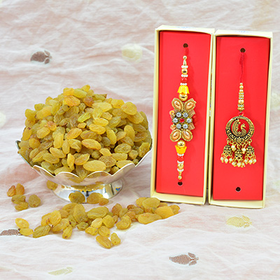 Golden Bhaiya Bhabhi Heavy Looking Rakhi with Dry Fruit of Raisins or Kishmish