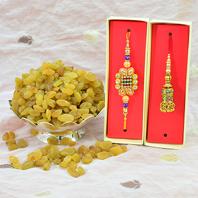 Zardosi Design Bhaiya Rakhi and Golden Bhabhi Rakhi with Dry Fruit of Fresh Kishmish 