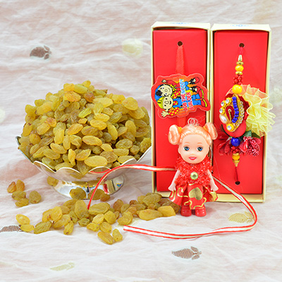 Bhaiya Bhabhi and Doll Kid Rakhis along with Dry Fruits of Raisins or Kishmish