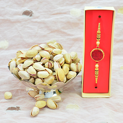 Amazing Looking Trishul Auspicious Rakhi for Brother with Dry Fruits of Pista or Pistachios