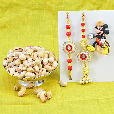 Floral Shape Bhaiya Bhabhi Rakhi with Mickey Mouse Kid Rakhi and Pista Dry Fruit