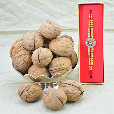 Walnuts with Shell Dry Fruit with Single Amazing Looking Rakhi for Brother