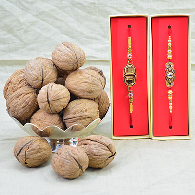2 Golden Amazing Brother Rakhis with Walnuts inside Shell