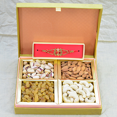 Four Types of Different Dry Fruit Box along with Simple Jewel Rakhi for Brother