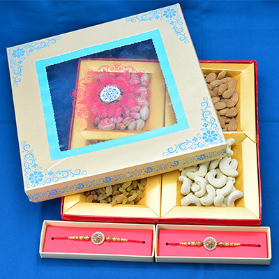 2 Marvelous Looking Pearl Brother Rakhis with Golden Box of 4 Type Dry Fruits