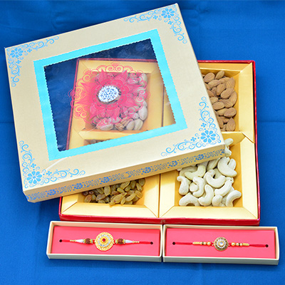 Rakhi Set of 2 Brothers with 4 Type of Amazing Looking Dry Fruits and Dry Fruit Box