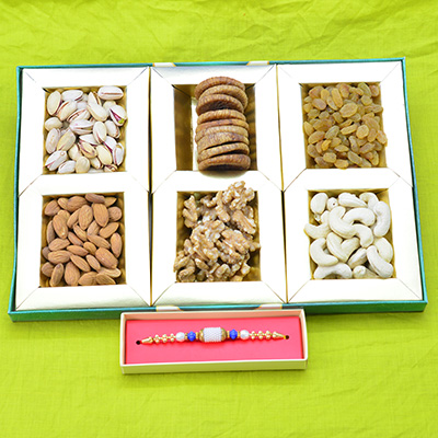 6 Different Types of Top Class Dry Fruits and Single White Beaded Brother Rakhi