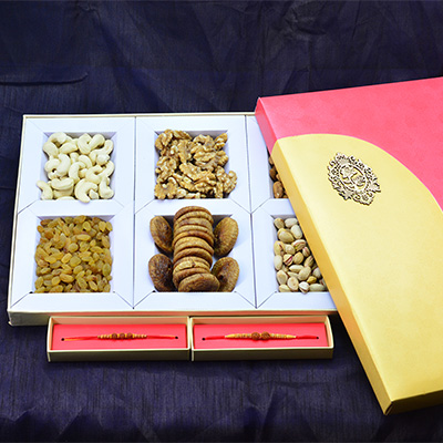 Delicious 6 Types of Dry Fruits with Amazing Looking Divine Rudraksha Rakhis for Brother