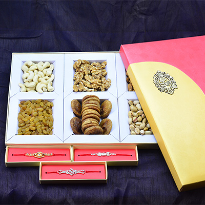 Amazing Jewel Rakhis for 3 Brother with 6 Types of Dry Fruits