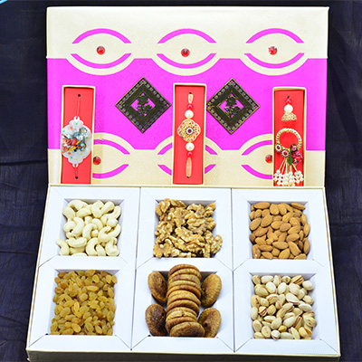Family Rakhi Set for with Beautiful Pink Dry Fruit Box and 6 Types of Dry Fruits