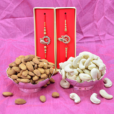 2 Amazing Divine Rakhis for Brother along with Dry Fruit of Kaju and Badam