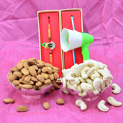 Sacred Krishna Rakhi for Brother with Toy Torch Kid Rakhi and Almonds and Cashew Dry Fruit